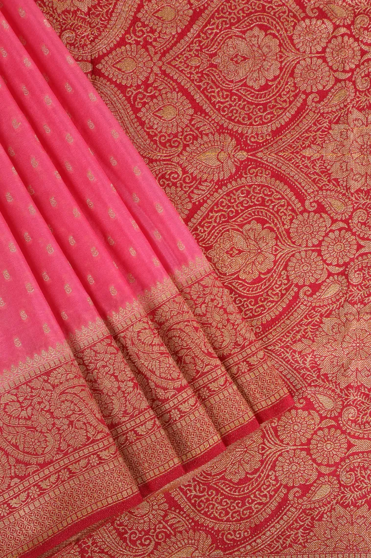 Bubblegum Pink Tissue Banaras with Gold Zari Buttis (small Dots Or Motifs) view 1