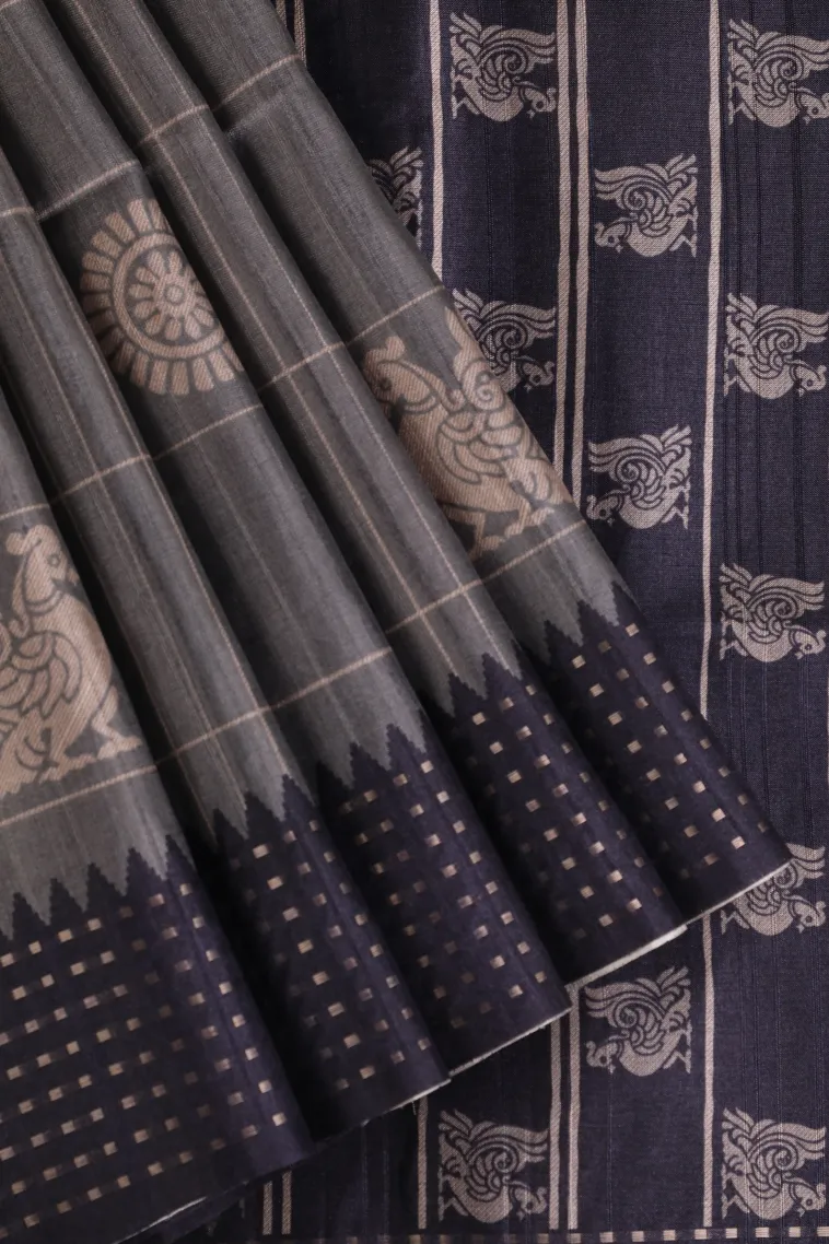 Slate Blue Tussar Saree Without Zari With Checks And Puttas