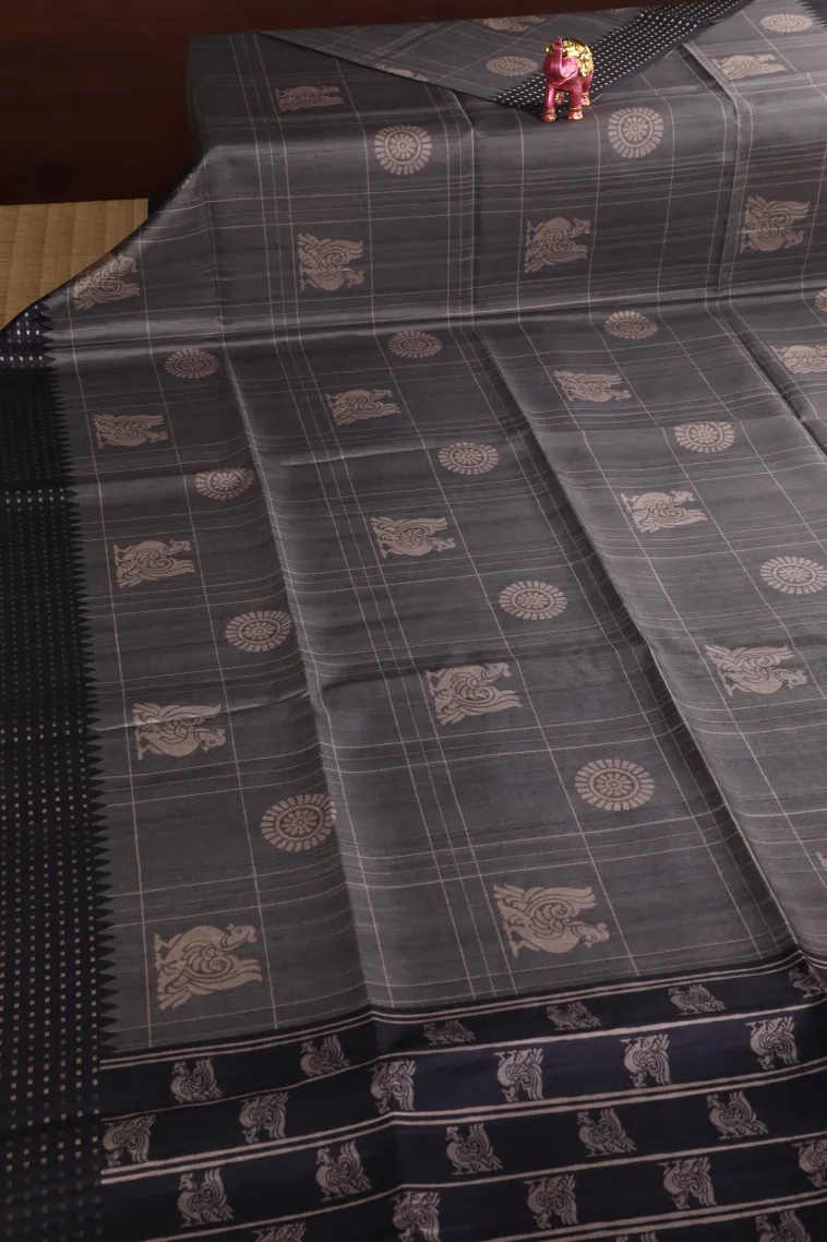 Slate Blue Tussar Saree Without Zari With Checks And Puttas view 2