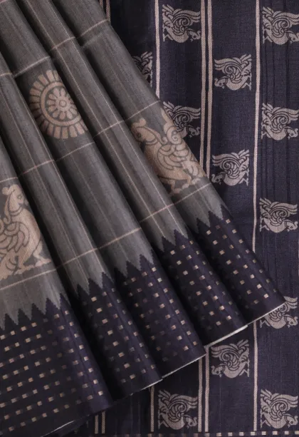 Slate Blue Tussar Saree Without Zari With Checks And Puttas