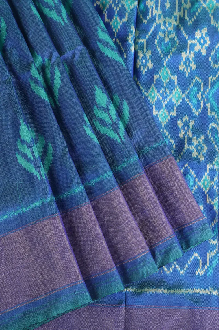 Aegean Blue Ikkat Silk Without Zari With Geometric Shapes