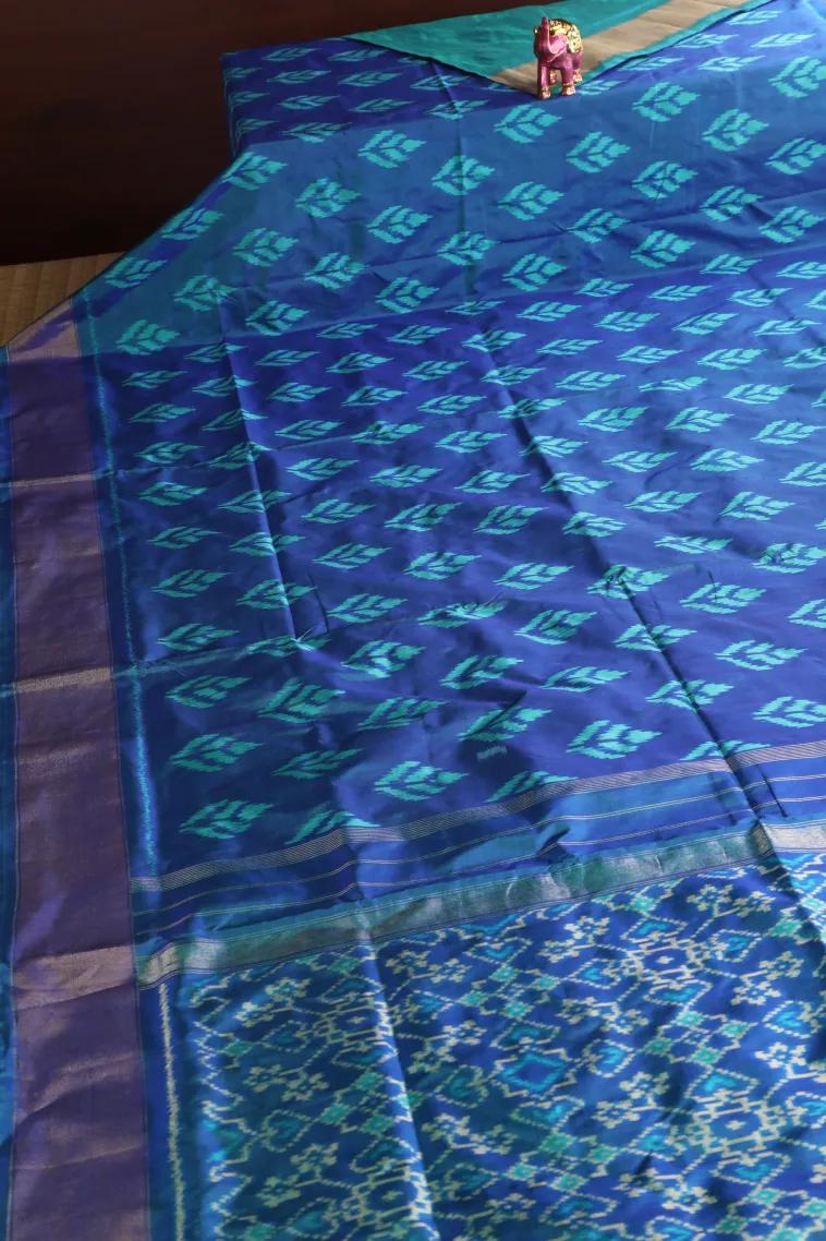 Aegean Blue Ikkat Silk Without Zari With Geometric Shapes view 2