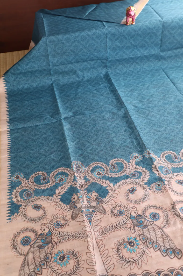 Cerulean Blue Semi Tussar Silk Without Zari With Rangoli Pattren view 2