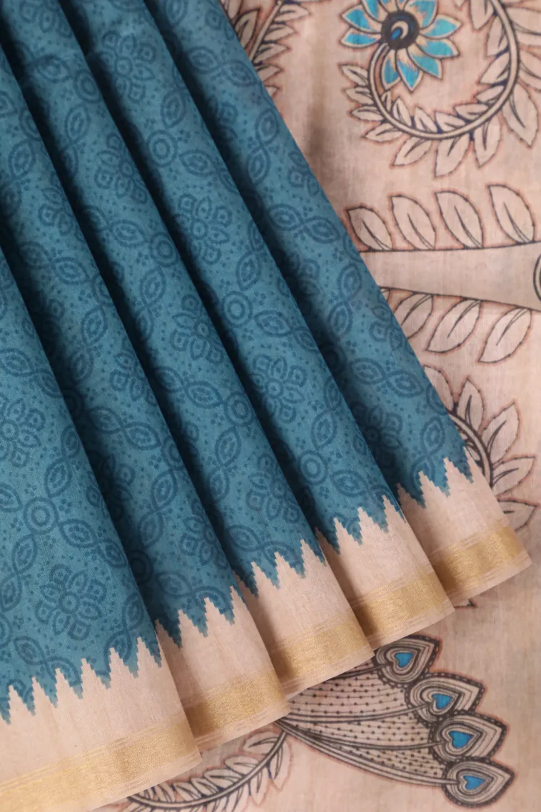 Cerulean Blue Semi Tussar Silk Without Zari With Rangoli Pattren