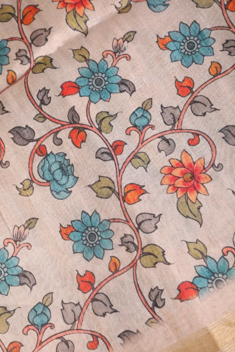 Cerulean Blue Semi Tussar Silk Without Zari With Rangoli Pattren view 3