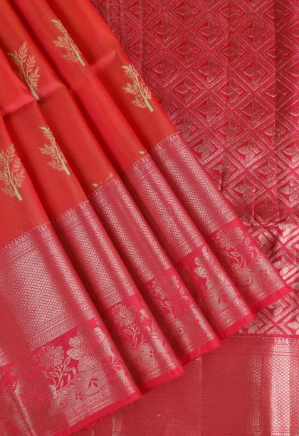 Strawberry Pink Soft Silk Saree with Gold Zari Kodi Pattern
