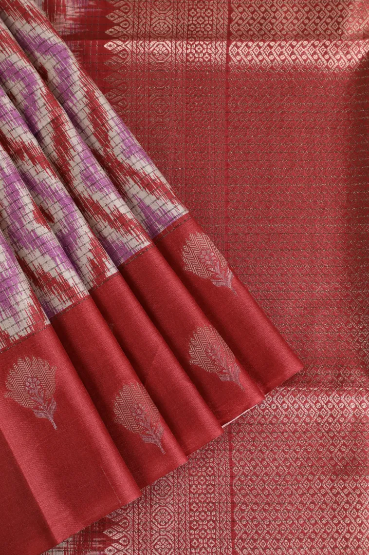 Cotton White Tussar Saree with Gold And Silver Zari Geometric Shapes