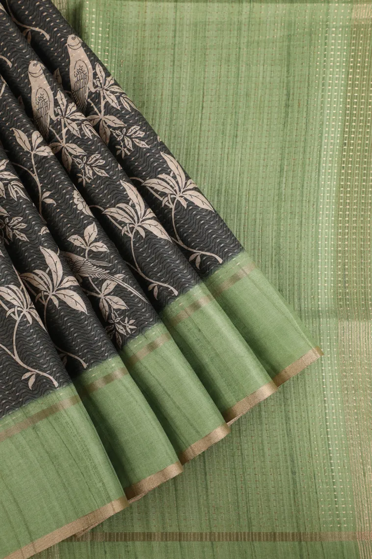 Eel Black Tussar Saree with Gold Zari Birds Mottif view 1