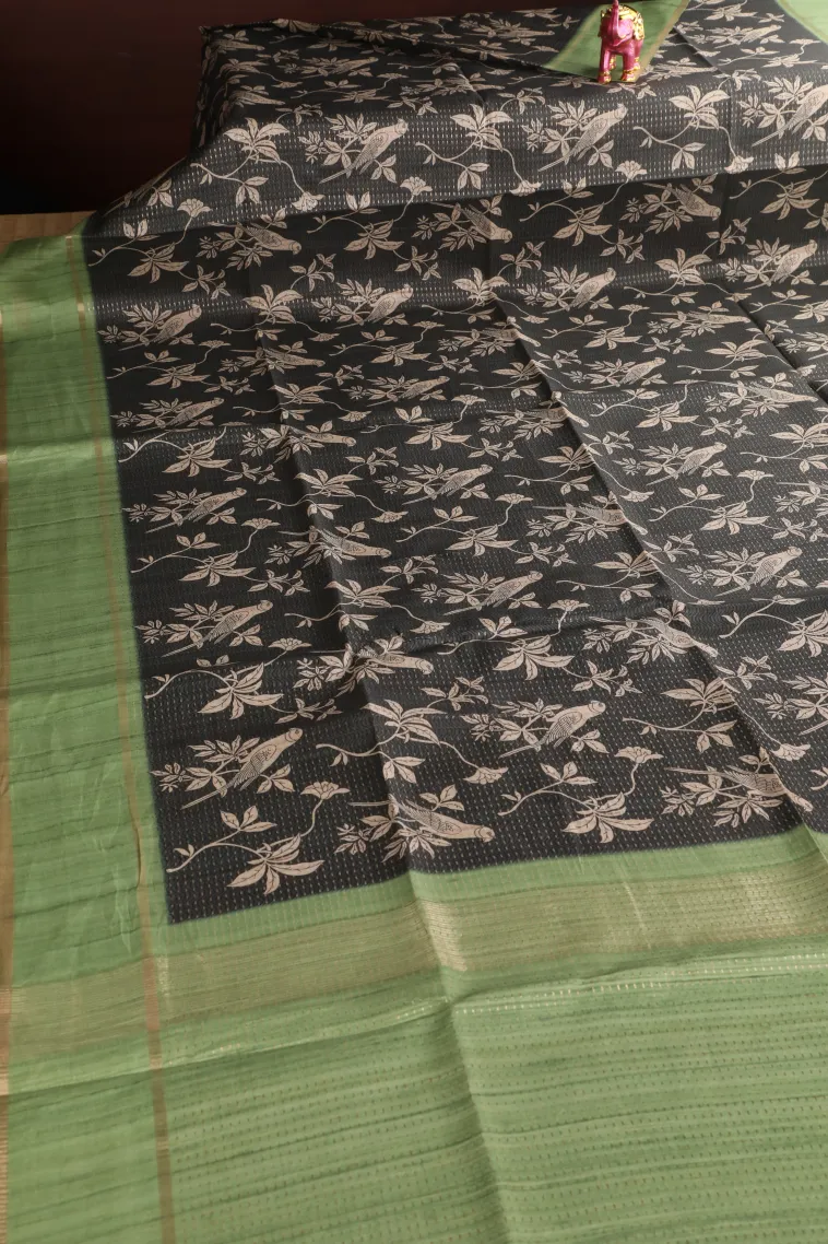 Eel Black Tussar Saree with Gold Zari Birds Mottif view 2