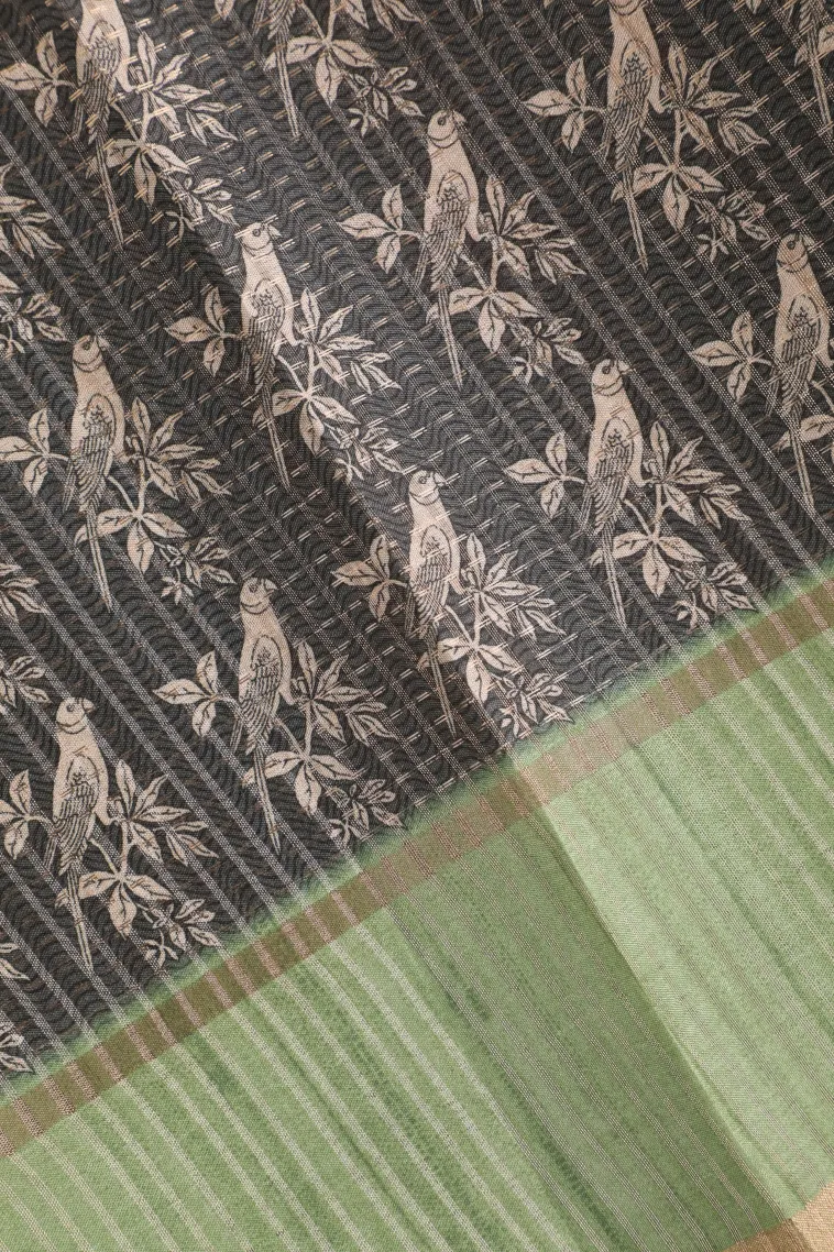 Eel Black Tussar Saree with Gold Zari Birds Mottif view 3