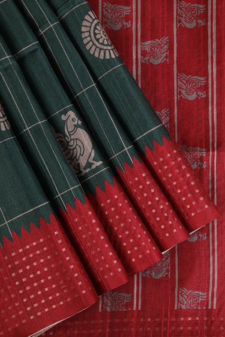 Bottle Green Tussar Saree Without Zari With Checks And Puttas