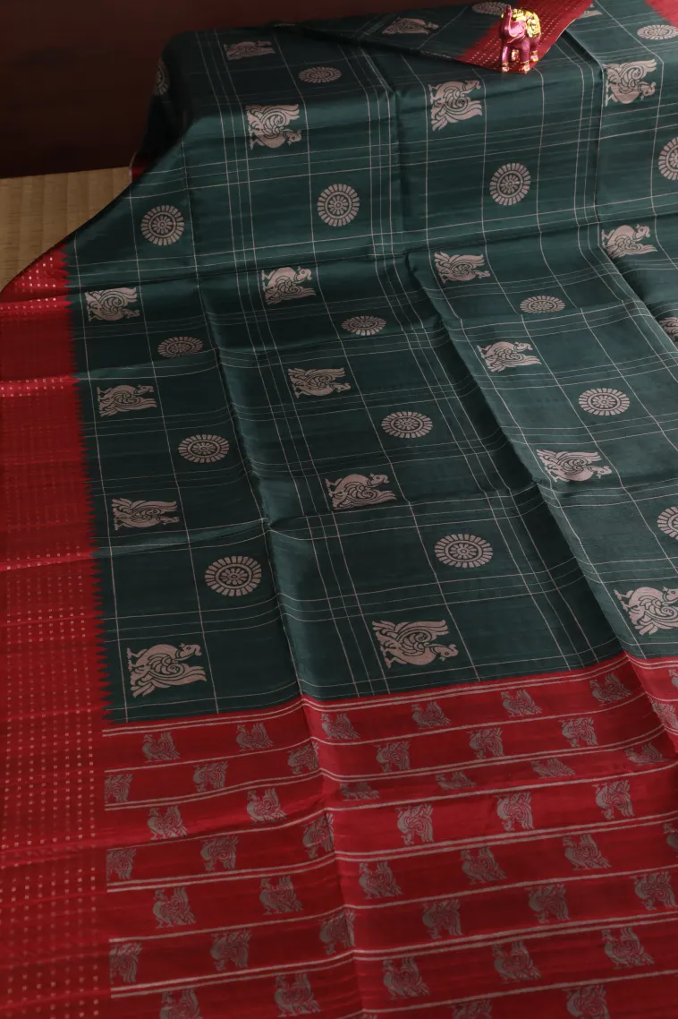 Bottle Green Tussar Saree Without Zari With Checks And Puttas view 2