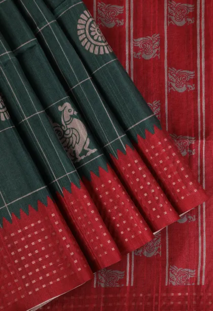Bottle Green Tussar Saree Without Zari With Checks And Puttas