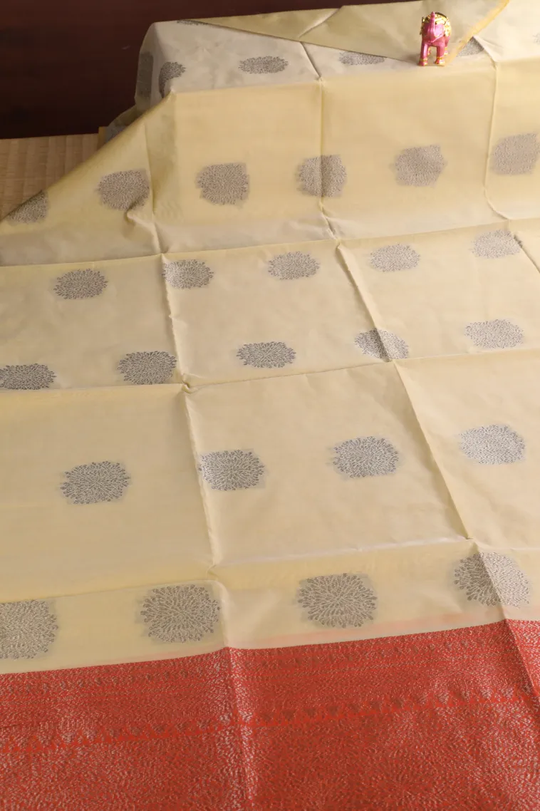 Sandollar Yellow Silk Cotton Sarees with Antic Zari Flower Mottif view 2