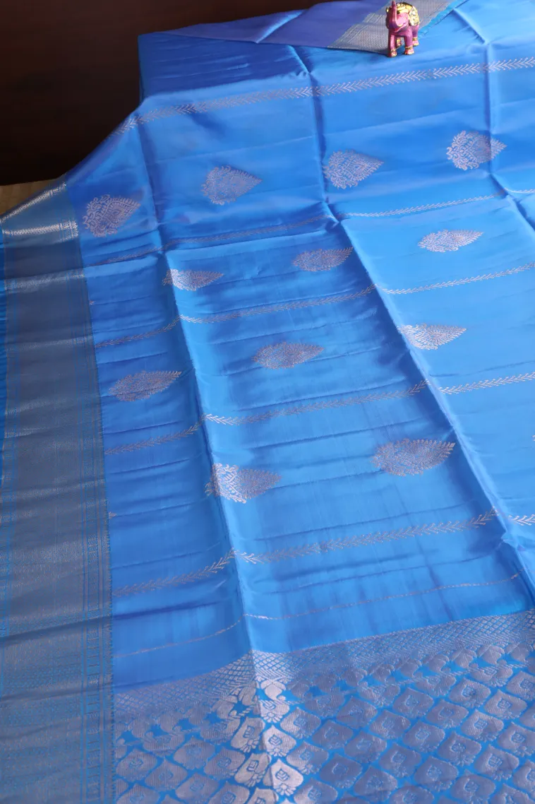 Cerulean Blue Soft Silk Saree with Gold Zari Straipes And Puttas view 2