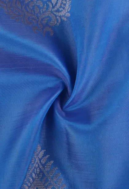 Cerulean Blue Soft Silk Saree with Gold Zari Straipes And Puttas