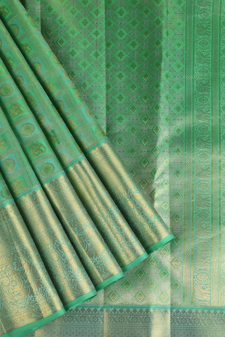 Forest Green Kanchipuram Silk Sarees with Gold Zari Animal Mottif view 1