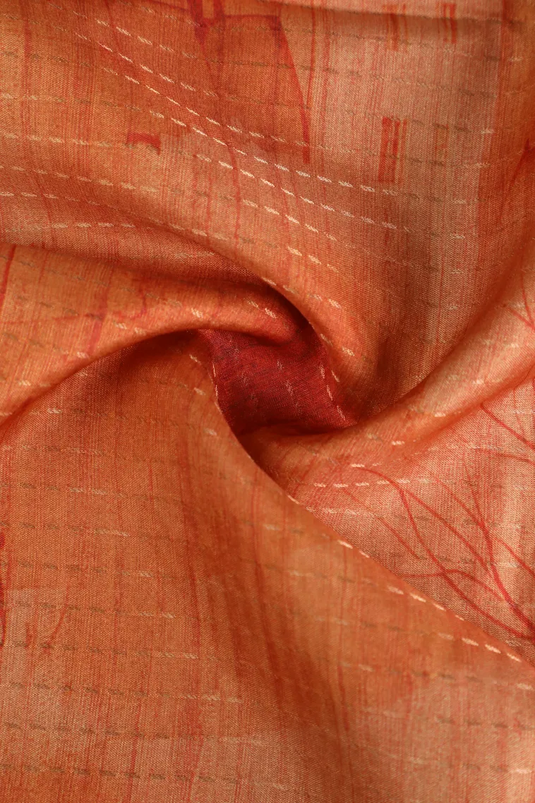 Carrot Orange Semi Tussar Silk with Gold Zari Birds And Floral Pattern view 4