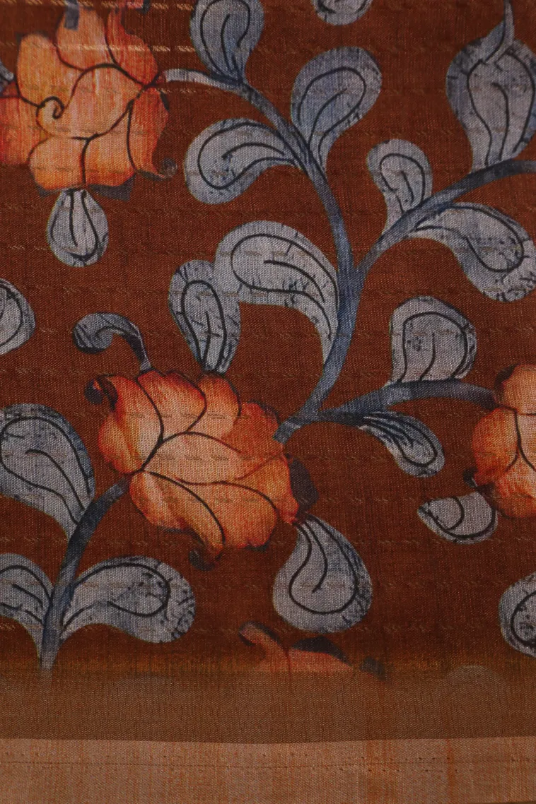Carrot Orange Semi Tussar Silk with Gold Zari Birds And Floral Pattern view 3
