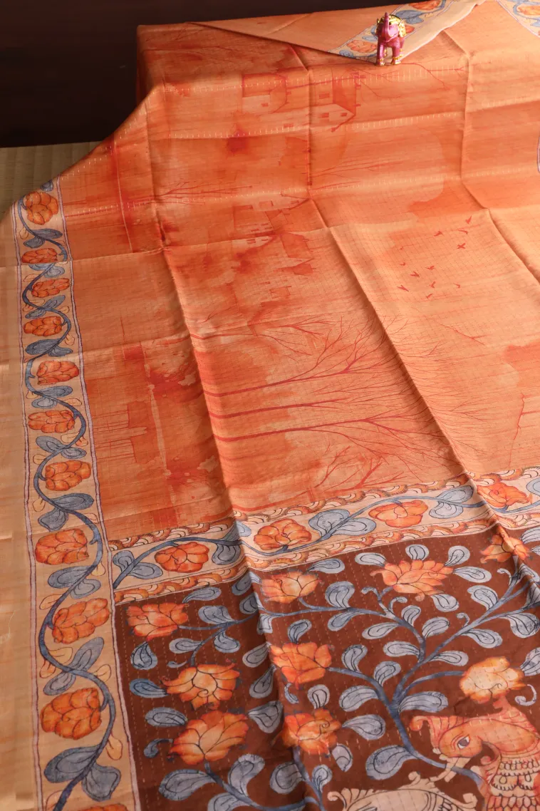 Carrot Orange Semi Tussar Silk with Gold Zari Birds And Floral Pattern view 2