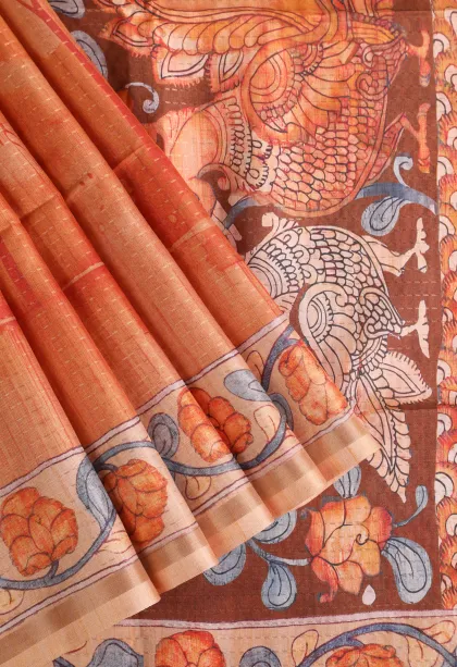Carrot Orange Semi Tussar Silk with Gold Zari Birds And Floral Pattern