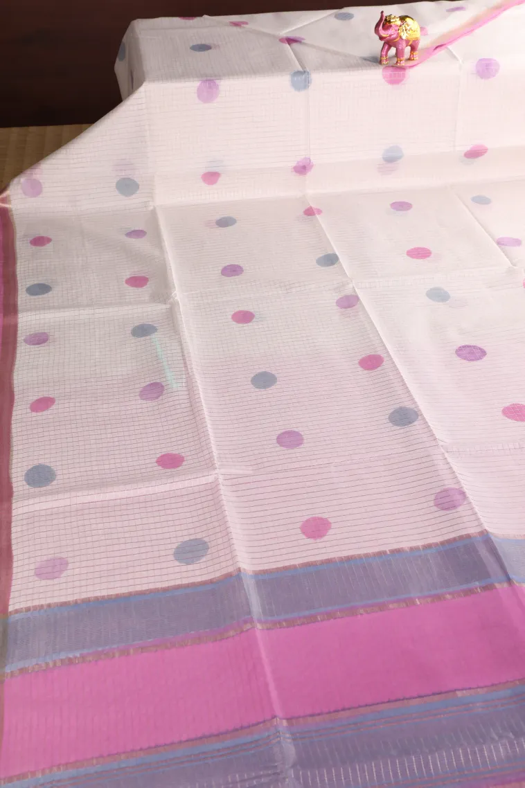 Cotton White Semi Tussar Silk with Gold And Silver Zari Small Checks Pattern view 2