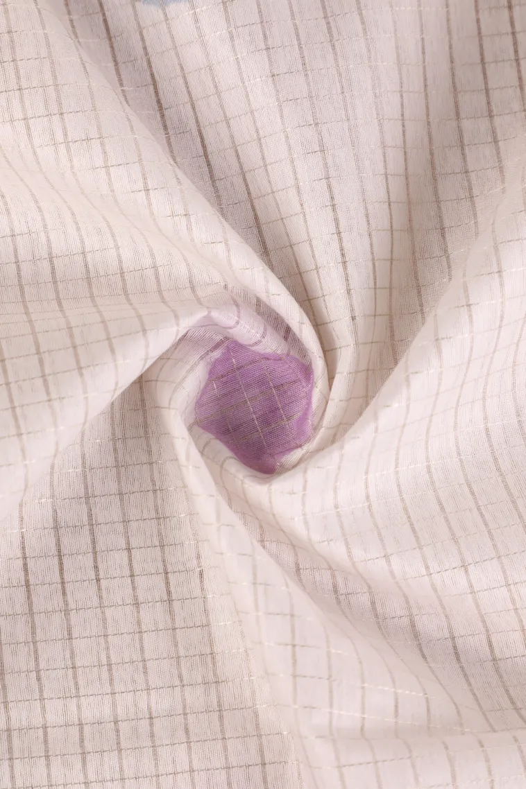 Cotton White Semi Tussar Silk with Gold And Silver Zari Small Checks Pattern view 4