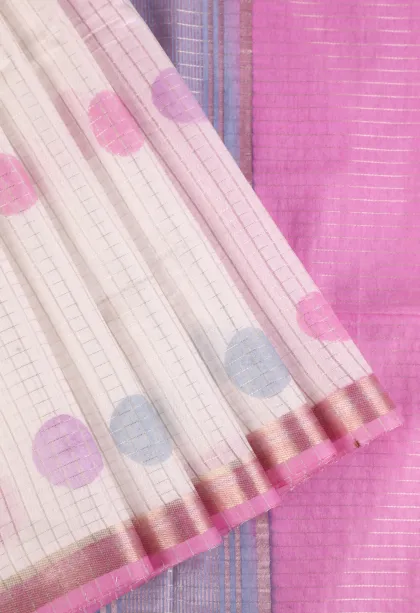 Cotton White Semi Tussar Silk with Gold And Silver Zari Small Checks Pattern