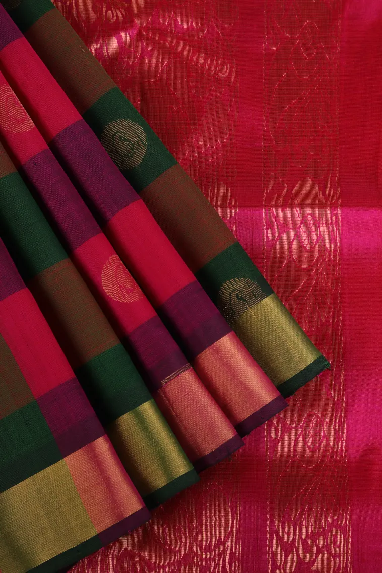 Magenta Pink Silk Cotton with Gold Zari Checks