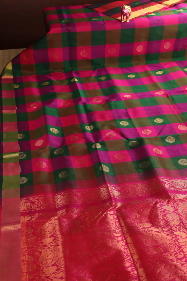Magenta Pink Silk Cotton with Gold Zari Checks view 2