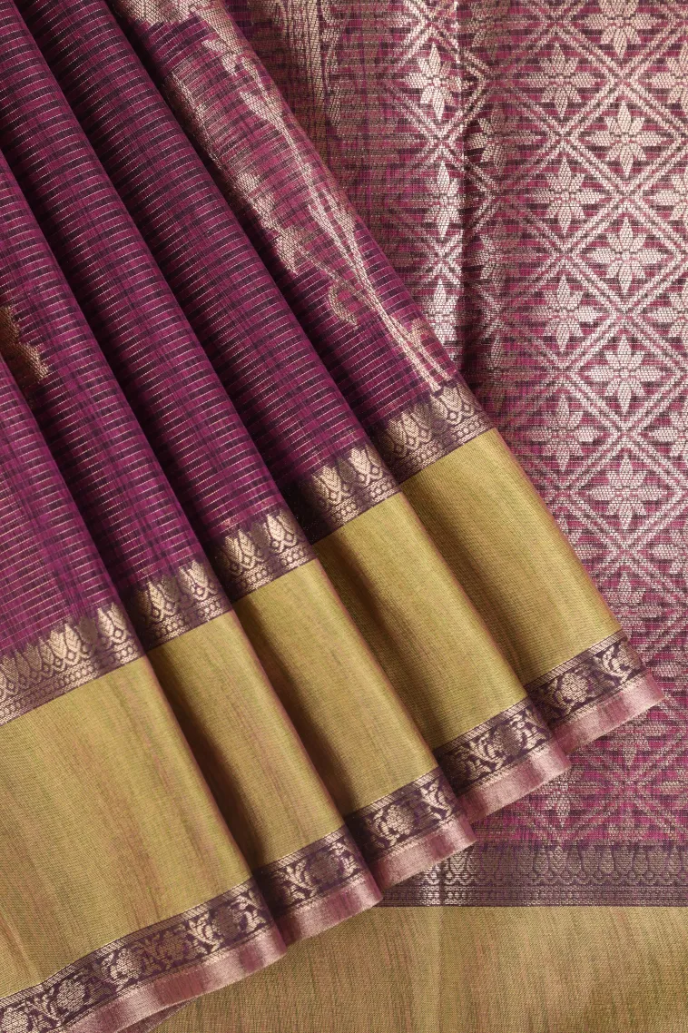 Magenta Purple Organza Saree with Gold Zari Straipes And Puttas