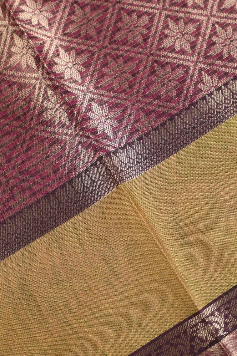 Magenta Purple Organza Saree with Gold Zari Straipes And Puttas view 3