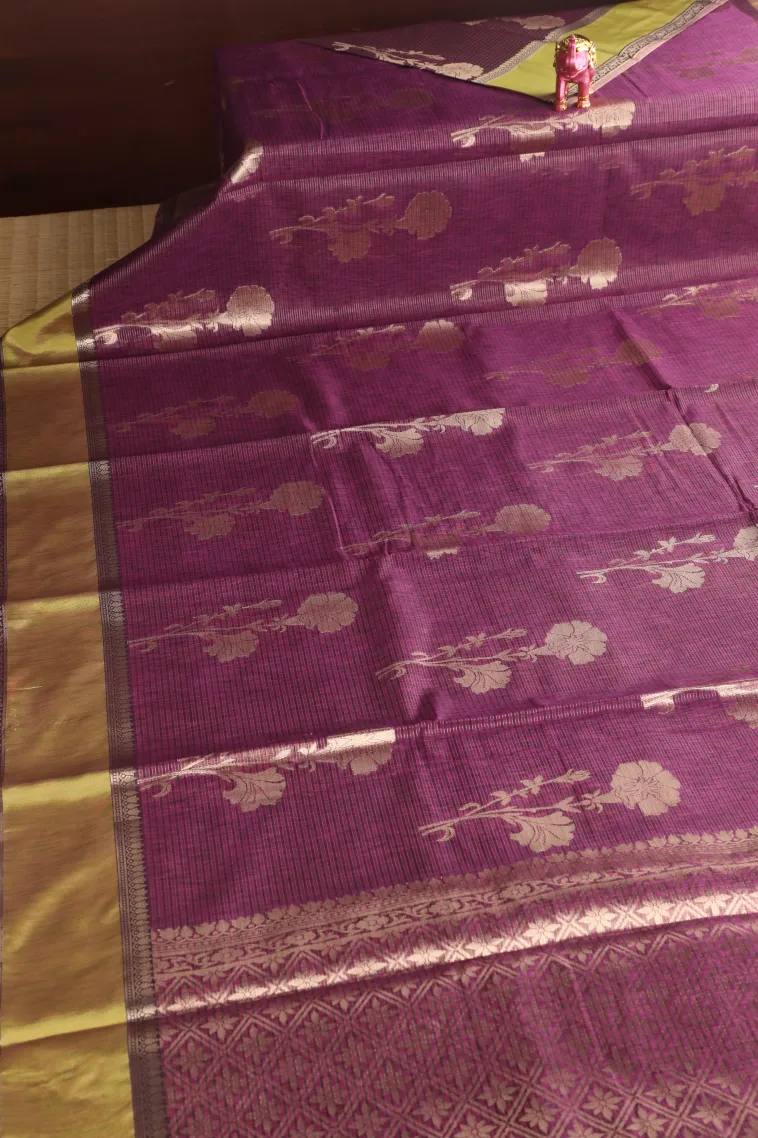 Magenta Purple Organza Saree with Gold Zari Straipes And Puttas view 2