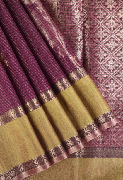 Magenta Purple Organza Saree with Gold Zari Straipes And Puttas