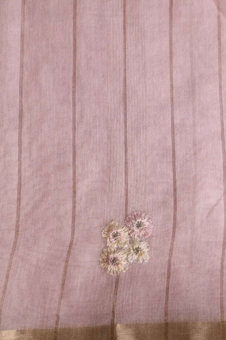 Lemonade Pink Linen Saree with Gold Zari Stripes view 3