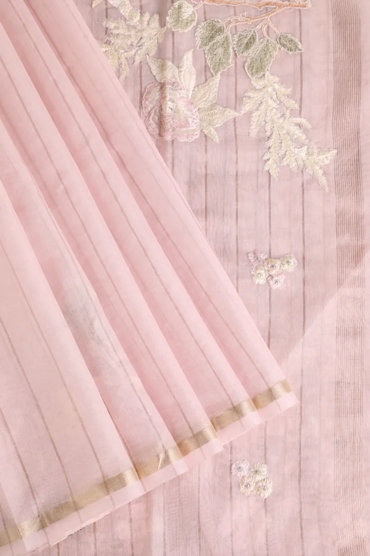 Lemonade Pink Linen Saree with Gold Zari Stripes