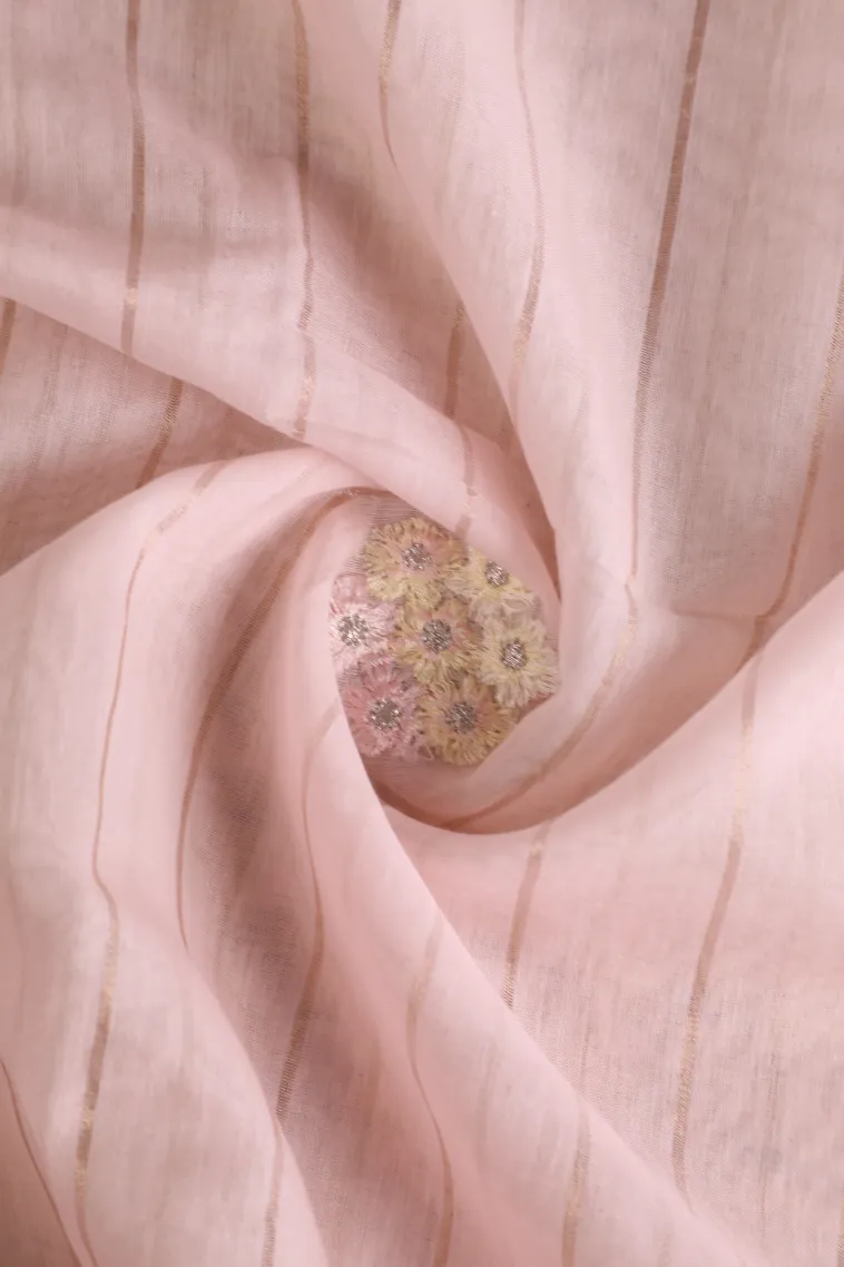 Lemonade Pink Linen Saree with Gold Zari Stripes view 4