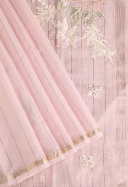 Lemonade Pink Linen Saree with Gold Zari Stripes