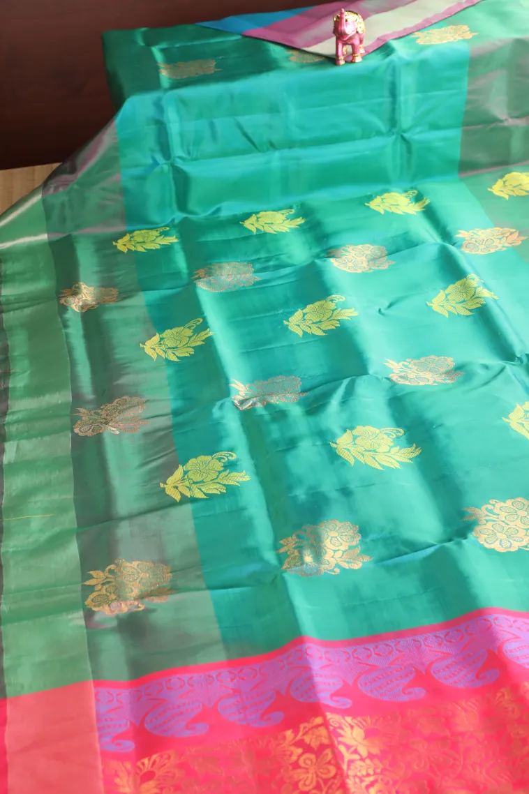 Teal Blue Soft Silk Saree with Gold Zari Flower Mottif view 2