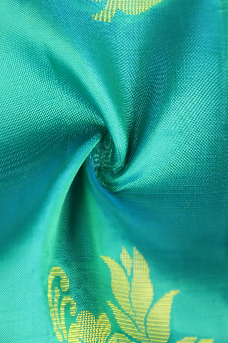 Teal Blue Soft Silk Saree with Gold Zari Flower Mottif view 4