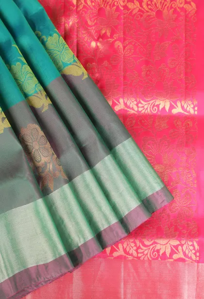 Teal Blue Soft Silk Saree with Gold Zari Flower Mottif