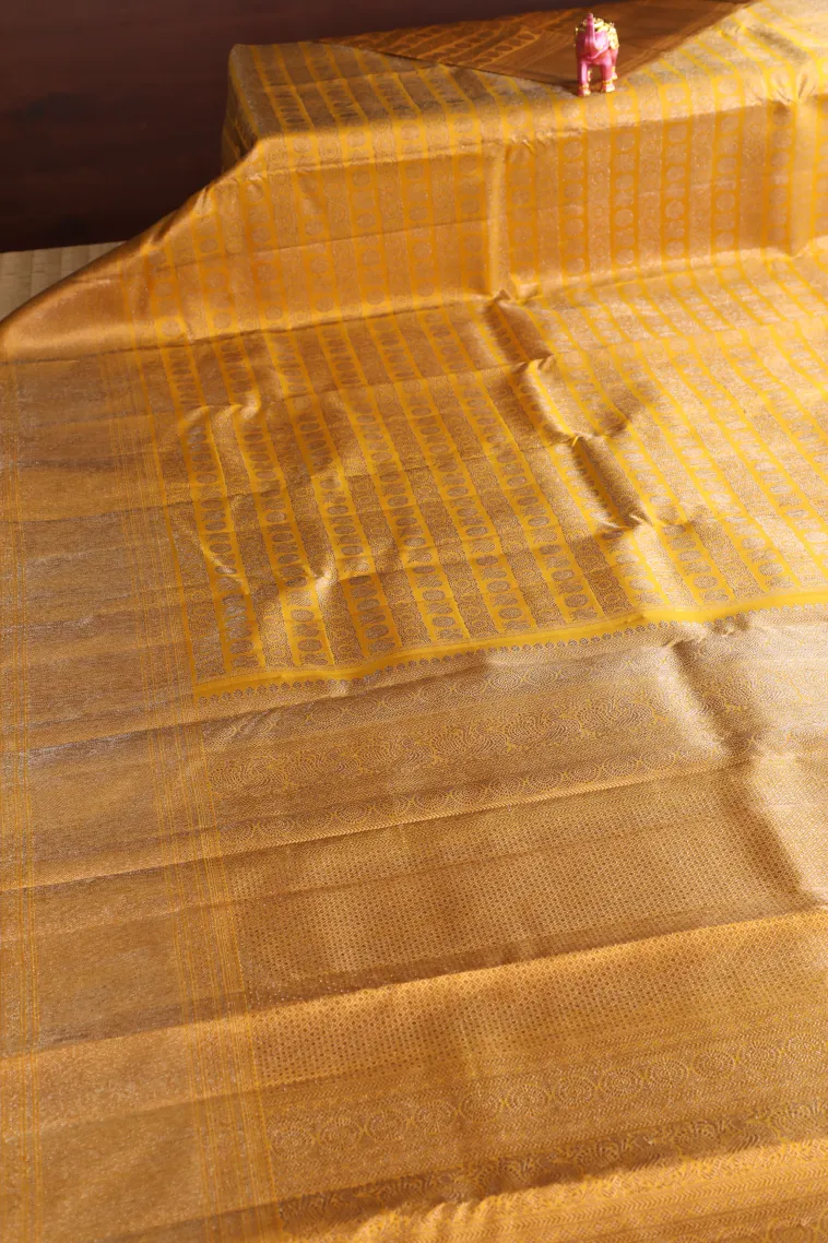 Gold Kanchipuram Silk Sarees with Silver Zari Peacock And Rudhractam view 2