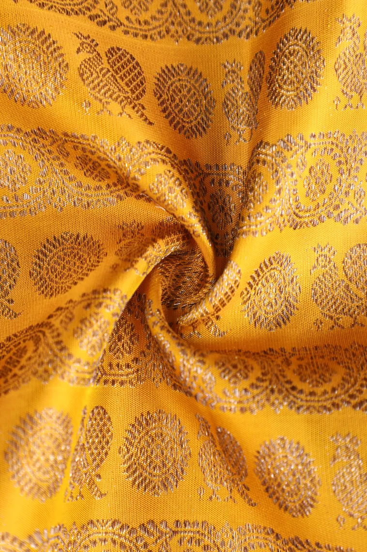 Gold Kanchipuram Silk Sarees with Silver Zari Peacock And Rudhractam view 4