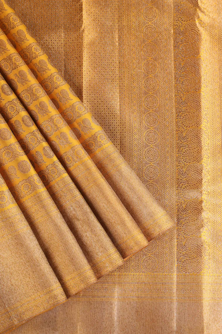 Gold Kanchipuram Silk Sarees with Silver Zari Peacock And Rudhractam