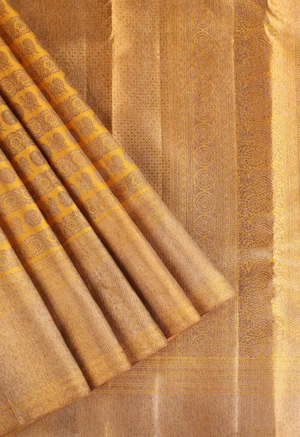 Gold Kanchipuram Silk Sarees with Silver Zari Peacock And Rudhractam