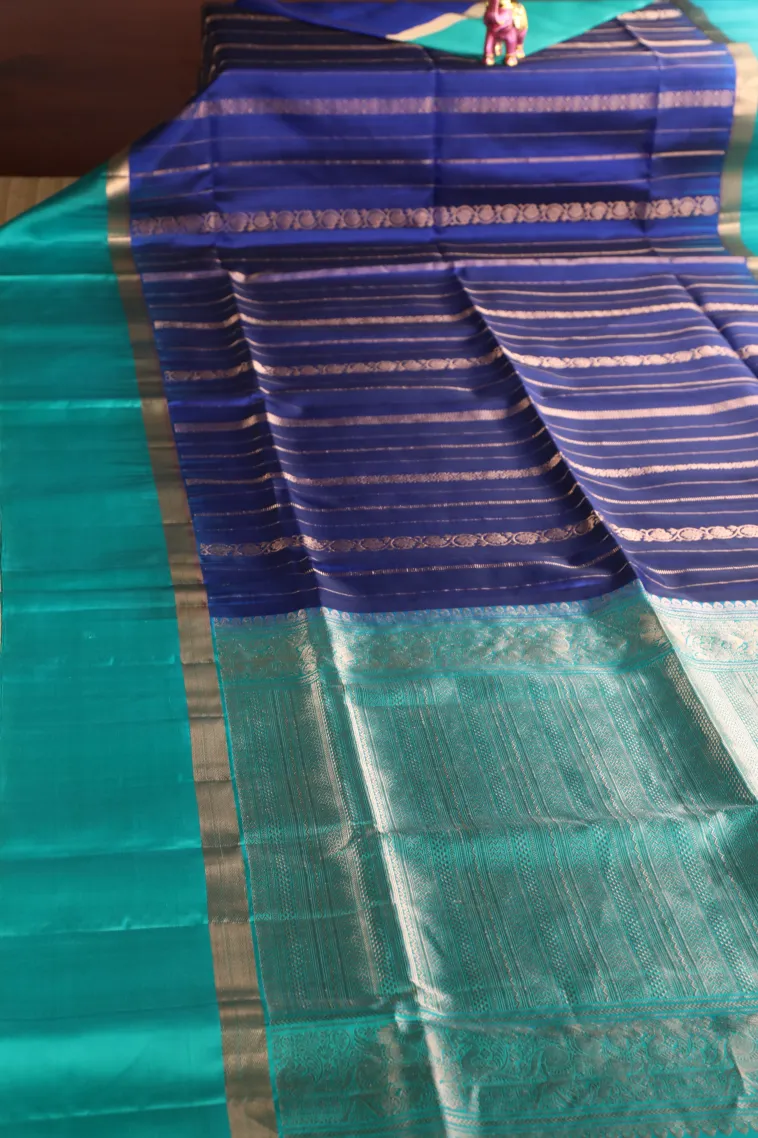 Admiral Blue Soft Silk Saree with Gold Zari Stripes view 2