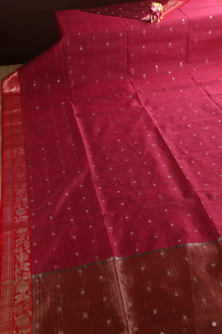Magenta Purple Semi Tussar Silk with Silver Zari Stripes And Puttas view 2