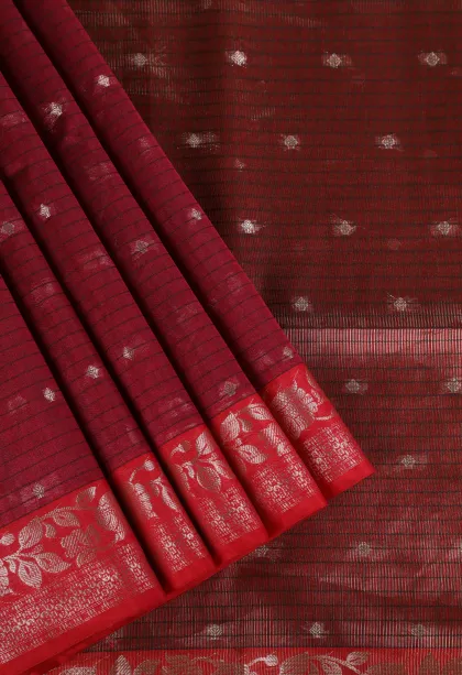 Magenta Purple Semi Tussar Silk with Silver Zari Stripes And Puttas