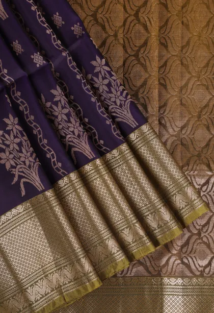 Rasin Purple Soft Silk Saree with Gold Zari Straipes And Puttas