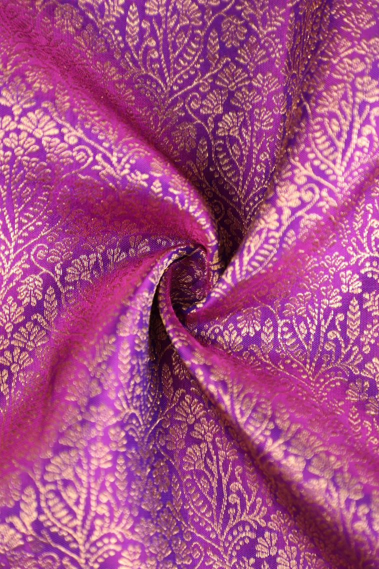 Magenta Purple Kanchipuram Silk Sarees with Gold Zari Floral Patterns view 4